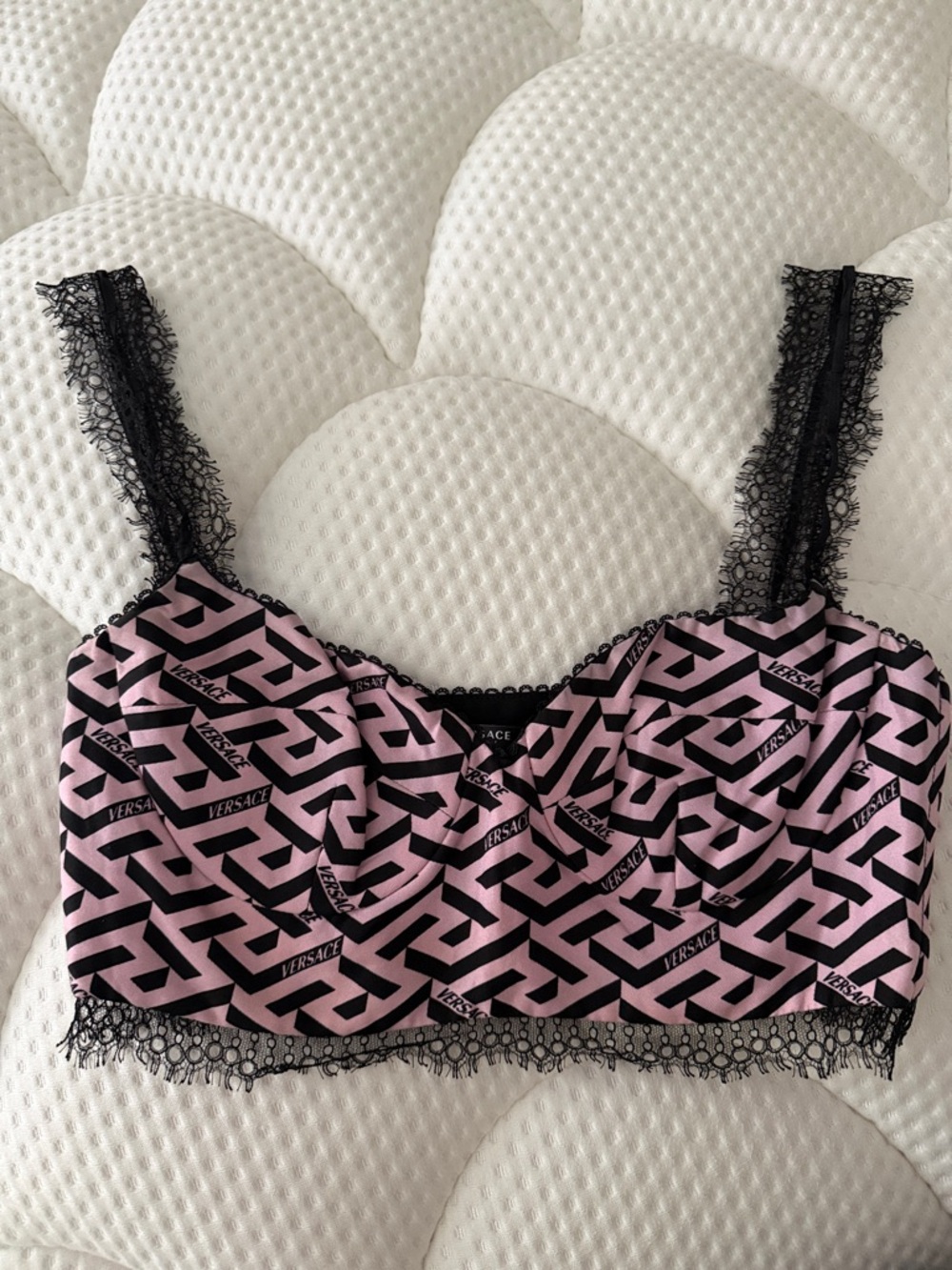 Versace Pink and Black Logo Lace Crop Bralette
